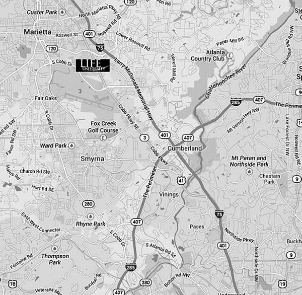 Map of Life University with interstate and street names including Marietta and the surrounding area
